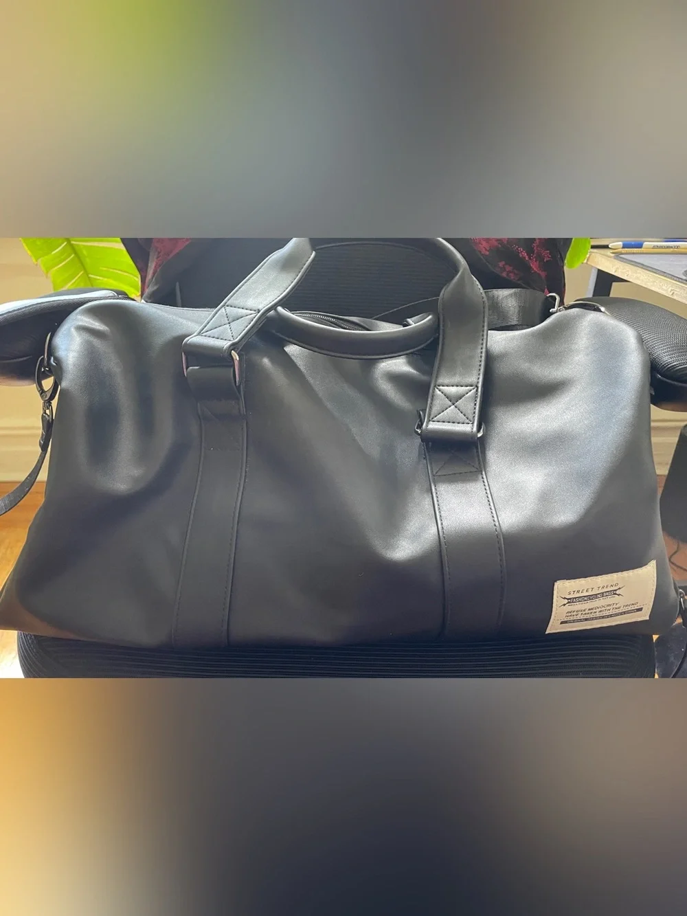 Black faux-Leather Weekend Duffel Bag - Unbranded